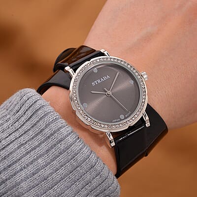 Value Buy Strada Austrian Crystal Japanese Movement Watch with Black Faux Leather 2 Row Strap (35.05mm)
