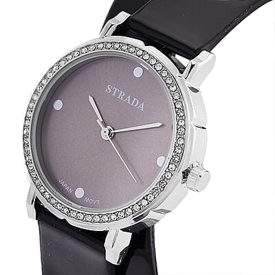 Value Buy Strada Austrian Crystal Japanese Movement Watch with Black Faux Leather 2 Row Strap (35.05mm)
