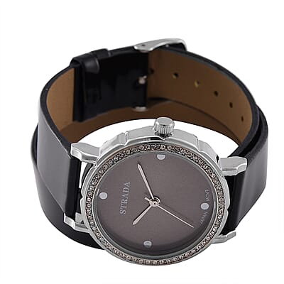 Value Buy Strada Austrian Crystal Japanese Movement Watch with Black Faux Leather 2 Row Strap (35.05mm)