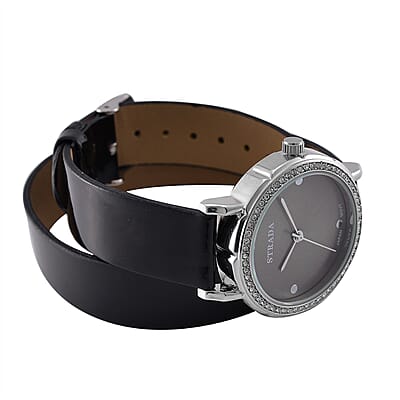 Value Buy Strada Austrian Crystal Japanese Movement Watch with Black Faux Leather 2 Row Strap (35.05mm)