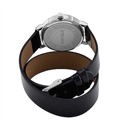 Value Buy Strada Austrian Crystal Japanese Movement Watch with Black Faux Leather 2 Row Strap (35.05mm)