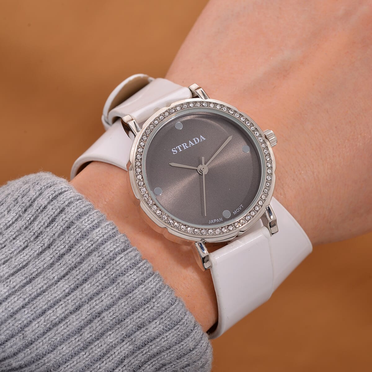Value Buy Strada Austrian Crystal Japanese Movement Watch with White Faux Leather 2 Row Strap (35.05mm) image number 1