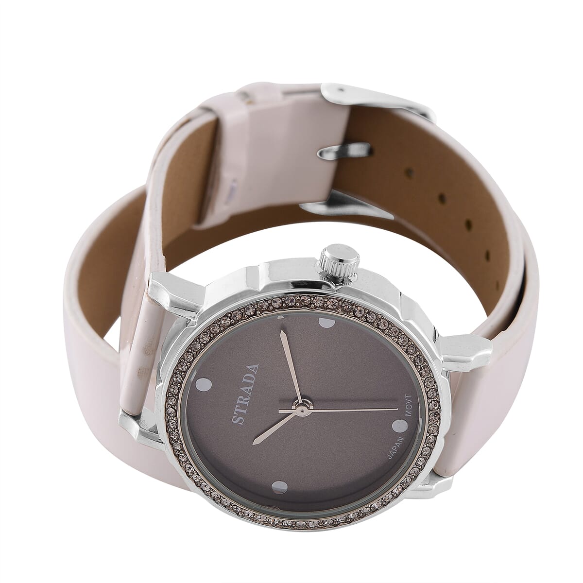 Value Buy Strada Austrian Crystal Japanese Movement Watch with White Faux Leather 2 Row Strap (35.05mm) image number 3