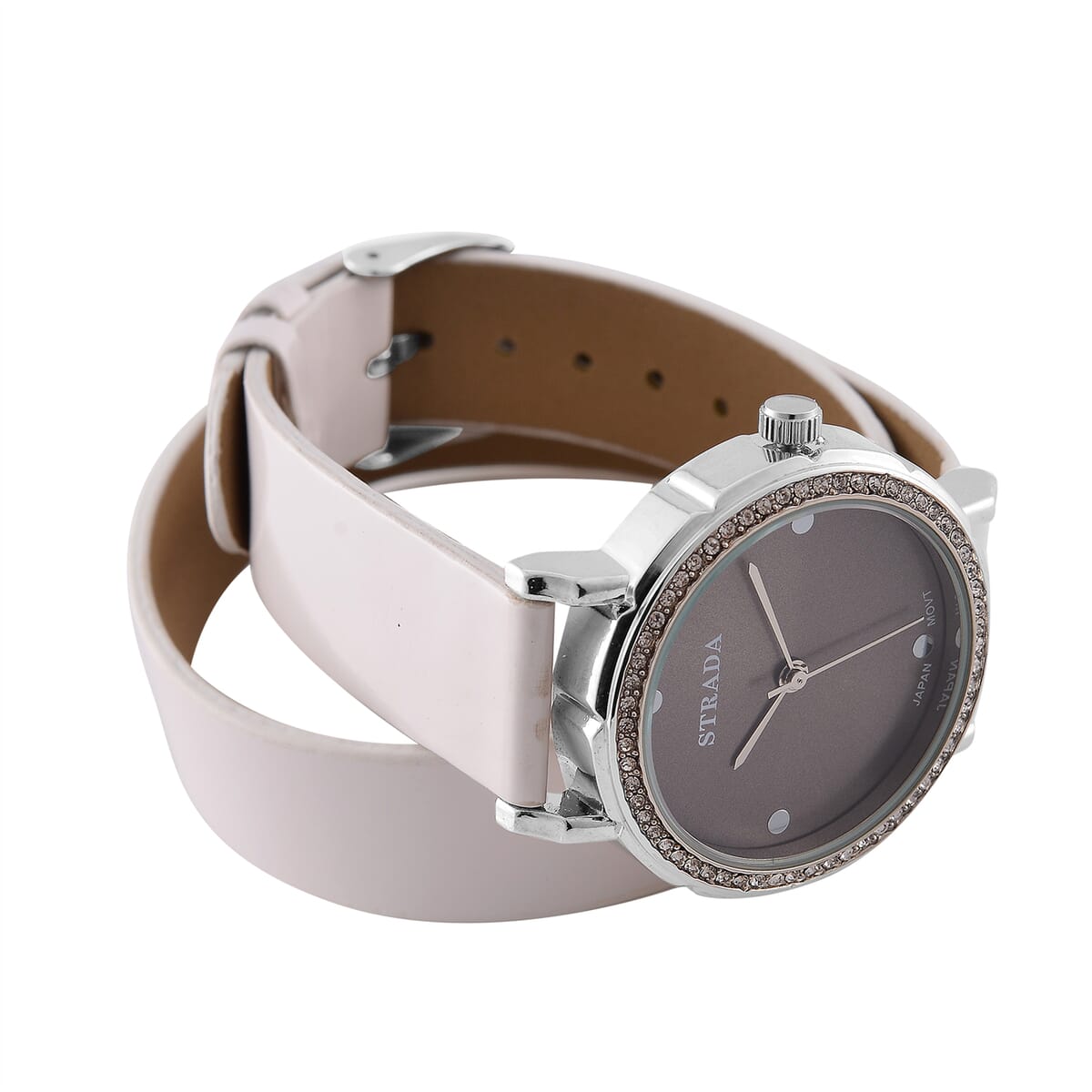 Value Buy Strada Austrian Crystal Japanese Movement Watch with White Faux Leather 2 Row Strap (35.05mm) image number 4