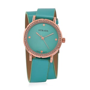 Value Buy Strada Austrian Crystal Japanese Movement Watch with Green Faux Leather 2 Row Strap (35.05mm)