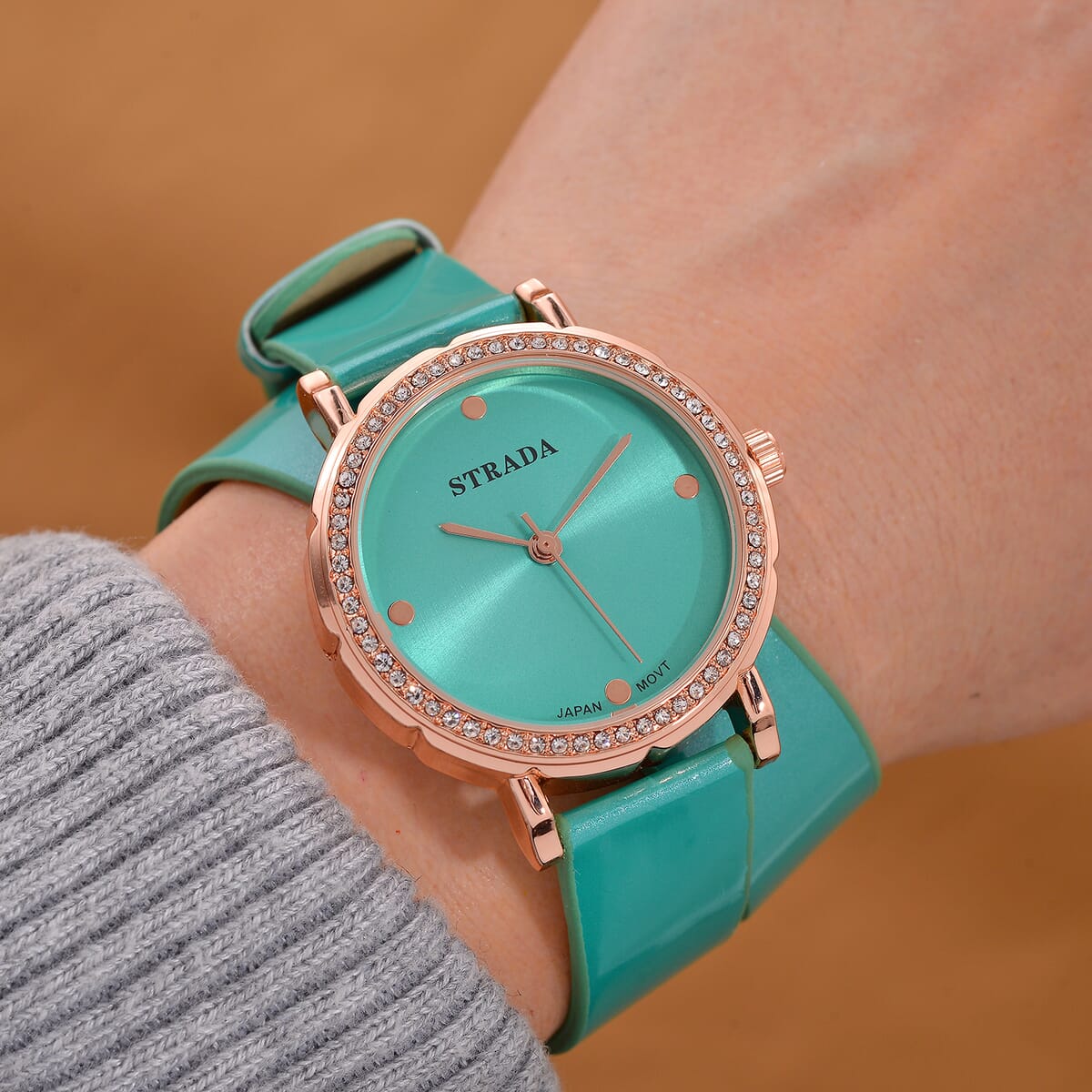 Value Buy Strada Austrian Crystal Japanese Movement Watch with Green Faux Leather 2 Row Strap (35.05mm) image number 1