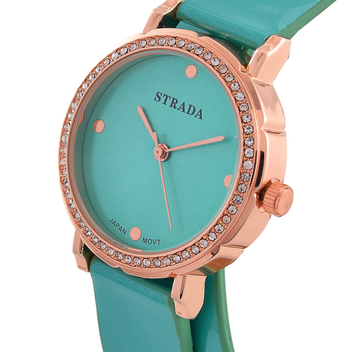 Value Buy Strada Austrian Crystal Japanese Movement Watch with Green Faux Leather 2 Row Strap (35.05mm) image number 2
