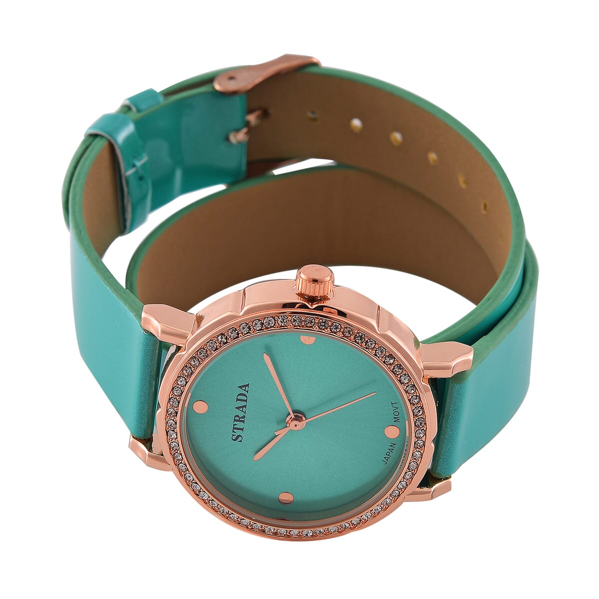 Value Buy Strada Austrian Crystal Japanese Movement Watch with Green Faux Leather 2 Row Strap (35.05mm) image number 3