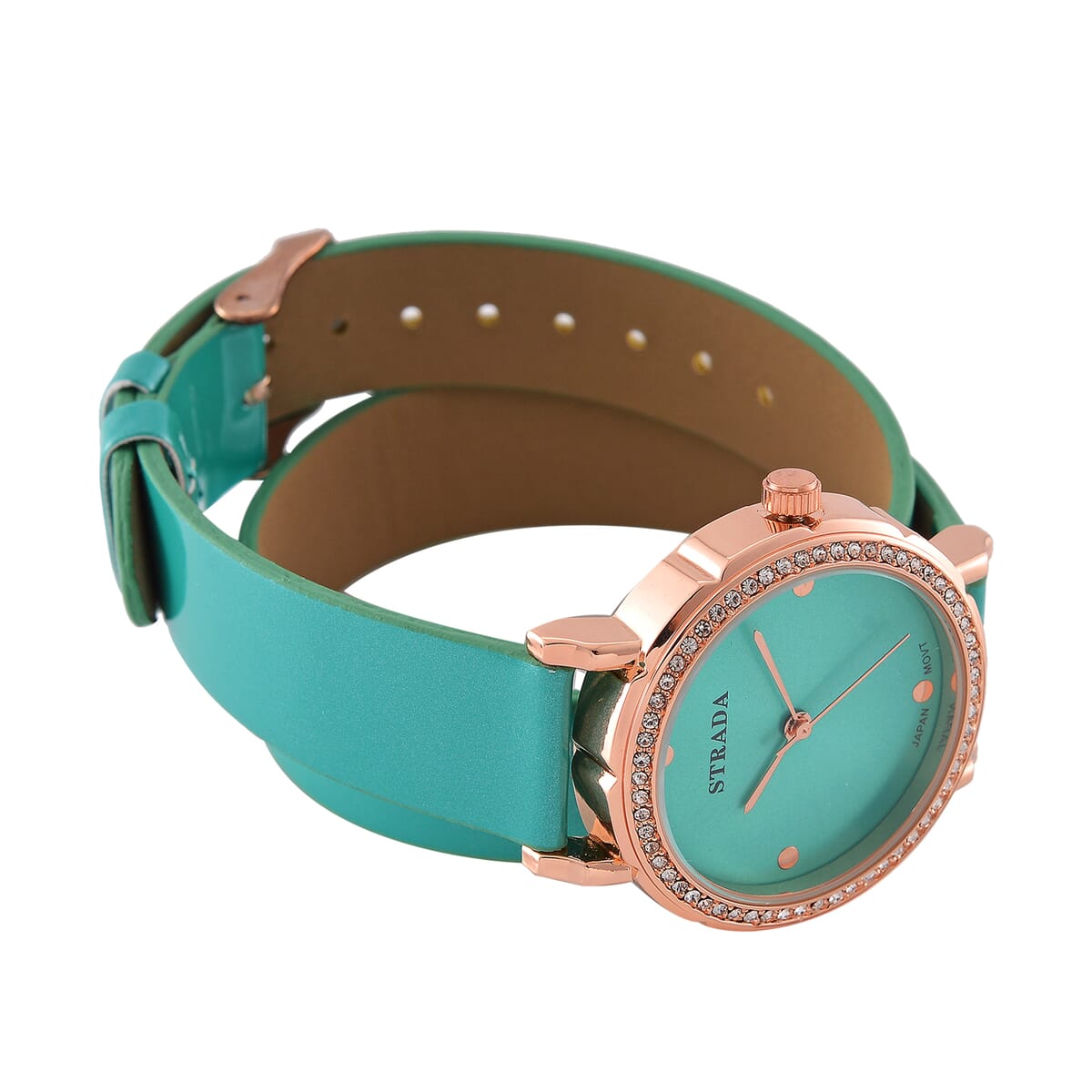 Value Buy Strada Austrian Crystal Japanese Movement Watch with Green Faux Leather 2 Row Strap (35.05mm) image number 4