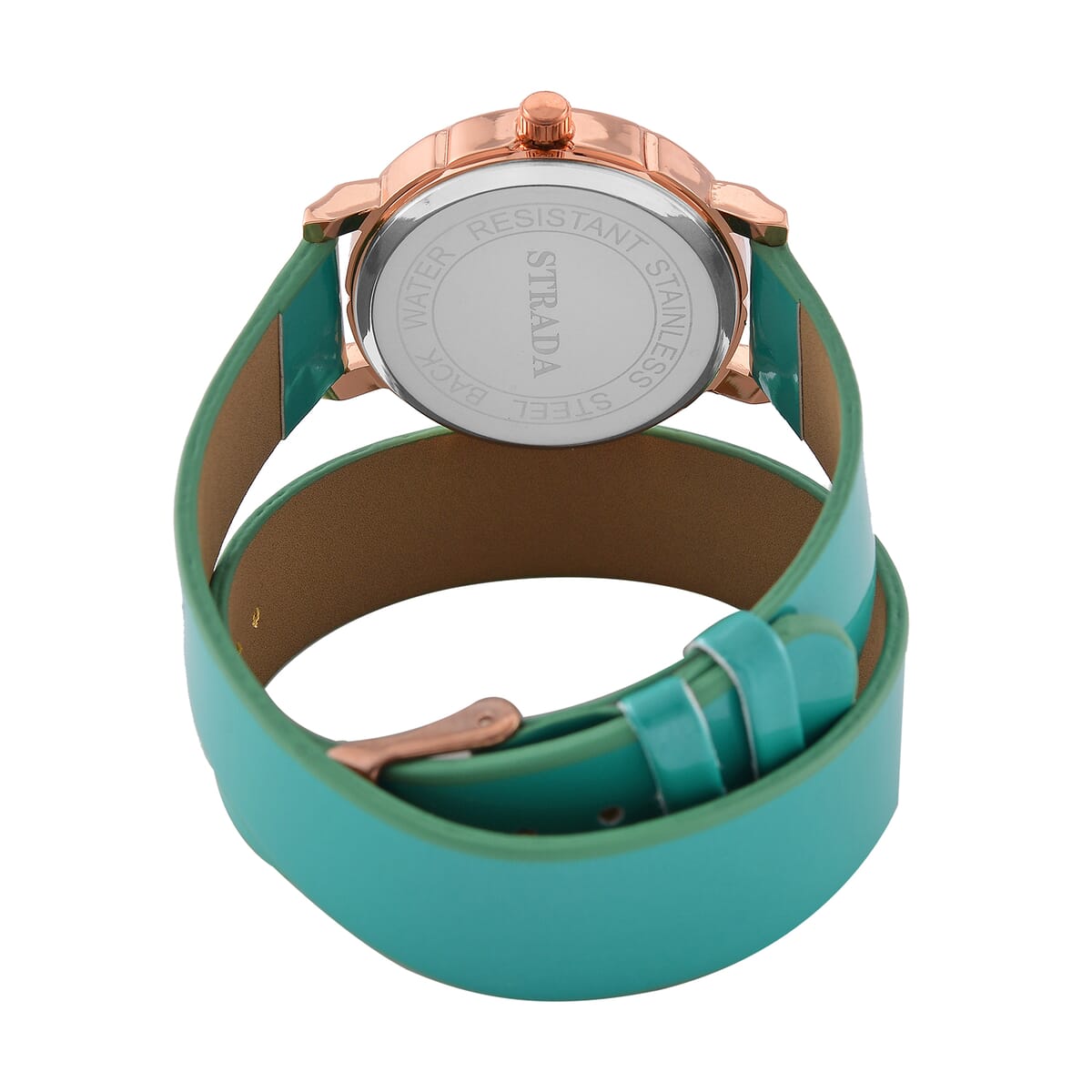 Value Buy Strada Austrian Crystal Japanese Movement Watch with Green Faux Leather 2 Row Strap (35.05mm) image number 5