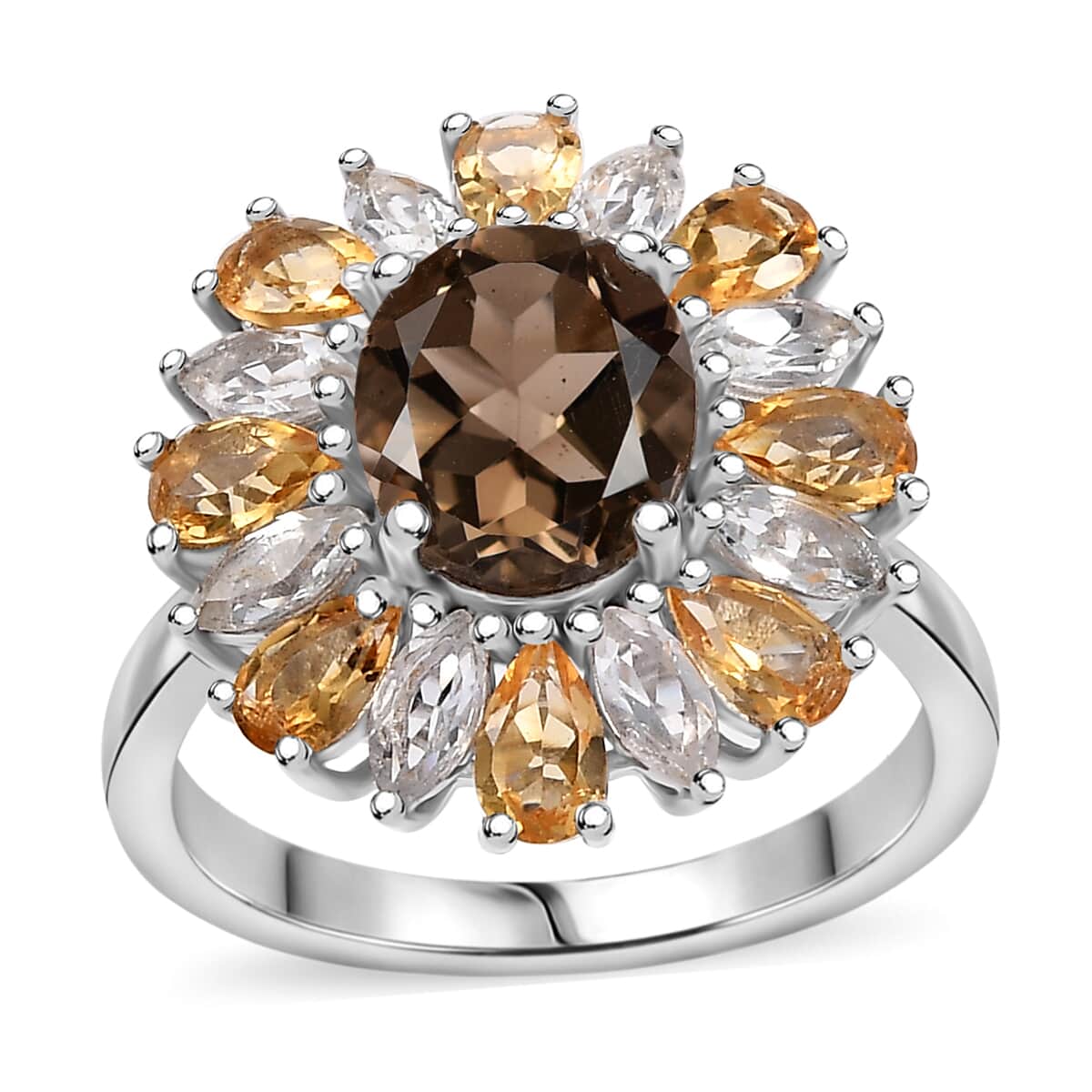 Brazilian Smoky Quartz and Multi Gemstone 5.65 ctw Sunlit Blossom Ring in Rhodium Over Sterling Silver (Size 10.0) image number 0