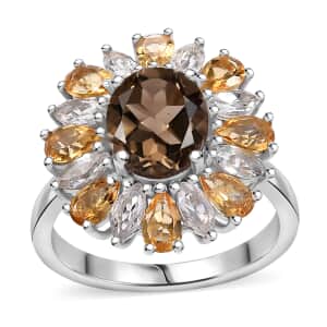 Brazilian Smoky Quartz and Multi Gemstone 5.65 ctw Sunlit Blossom Ring in Rhodium Over Sterling Silver (Size 10.0)