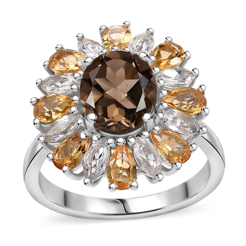 Brazilian Smoky Quartz and Multi Gemstone 5.65 ctw Sunlit Blossom Ring in Rhodium Over Sterling Silver (Size 10.0)