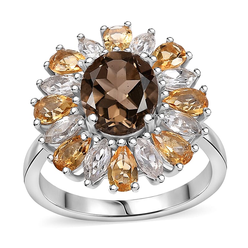 Brazilian Smoky Quartz and Multi Gemstone 5.65 ctw Sunlit Blossom Ring in Rhodium Over Sterling Silver (Size 10.0)