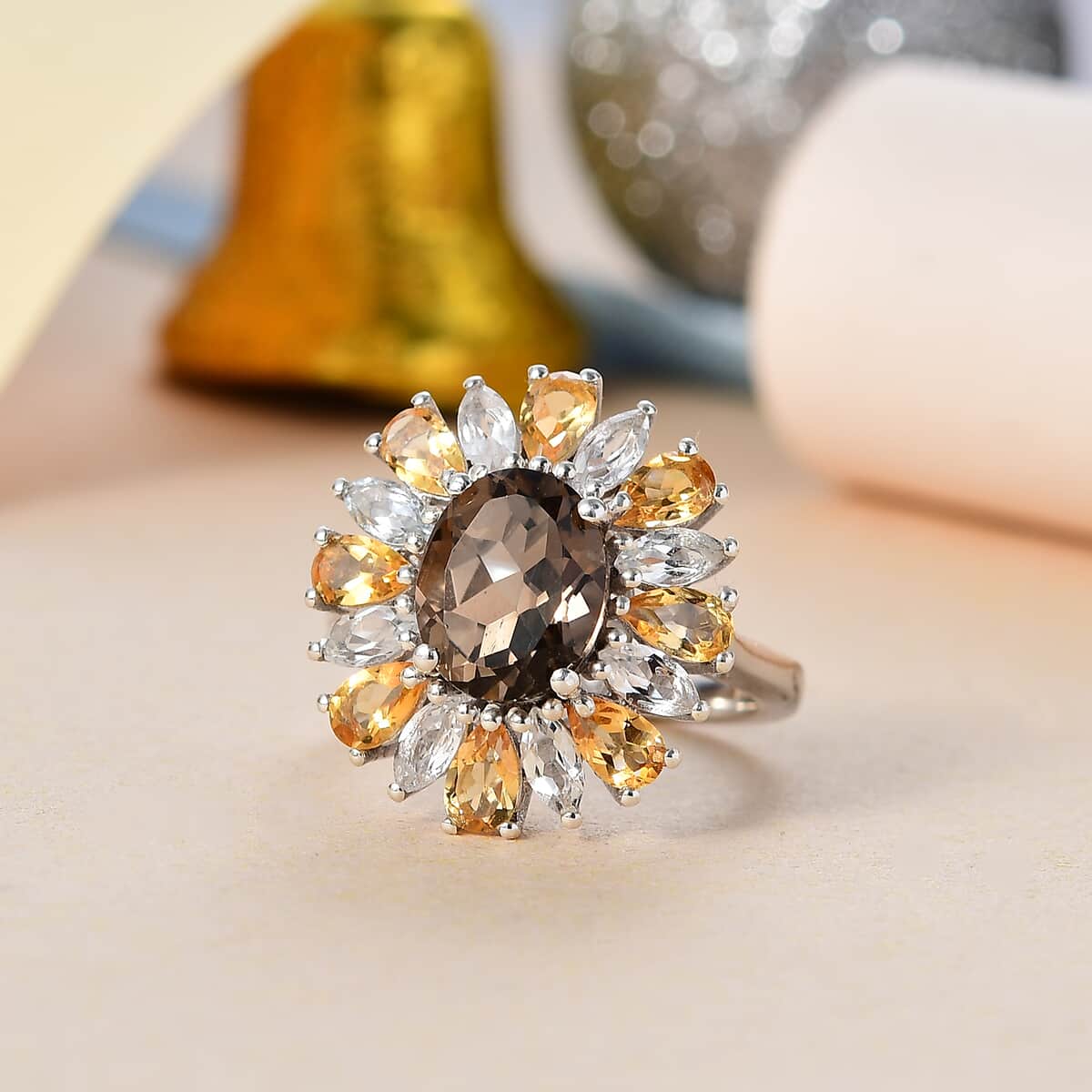 Brazilian Smoky Quartz and Multi Gemstone 5.65 ctw Sunlit Blossom Ring in Rhodium Over Sterling Silver (Size 10.0) image number 1