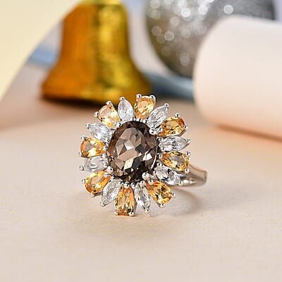 Brazilian Smoky Quartz and Multi Gemstone 5.65 ctw Sunlit Blossom Ring in Rhodium Over Sterling Silver (Size 10.0)