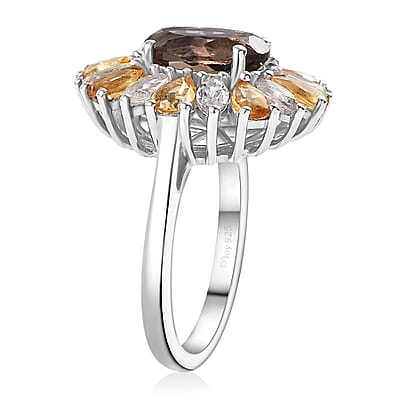Brazilian Smoky Quartz and Multi Gemstone 5.65 ctw Sunlit Blossom Ring in Rhodium Over Sterling Silver (Size 10.0)