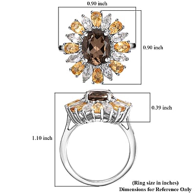 Brazilian Smoky Quartz and Multi Gemstone 5.65 ctw Sunlit Blossom Ring in Rhodium Over Sterling Silver (Size 10.0)