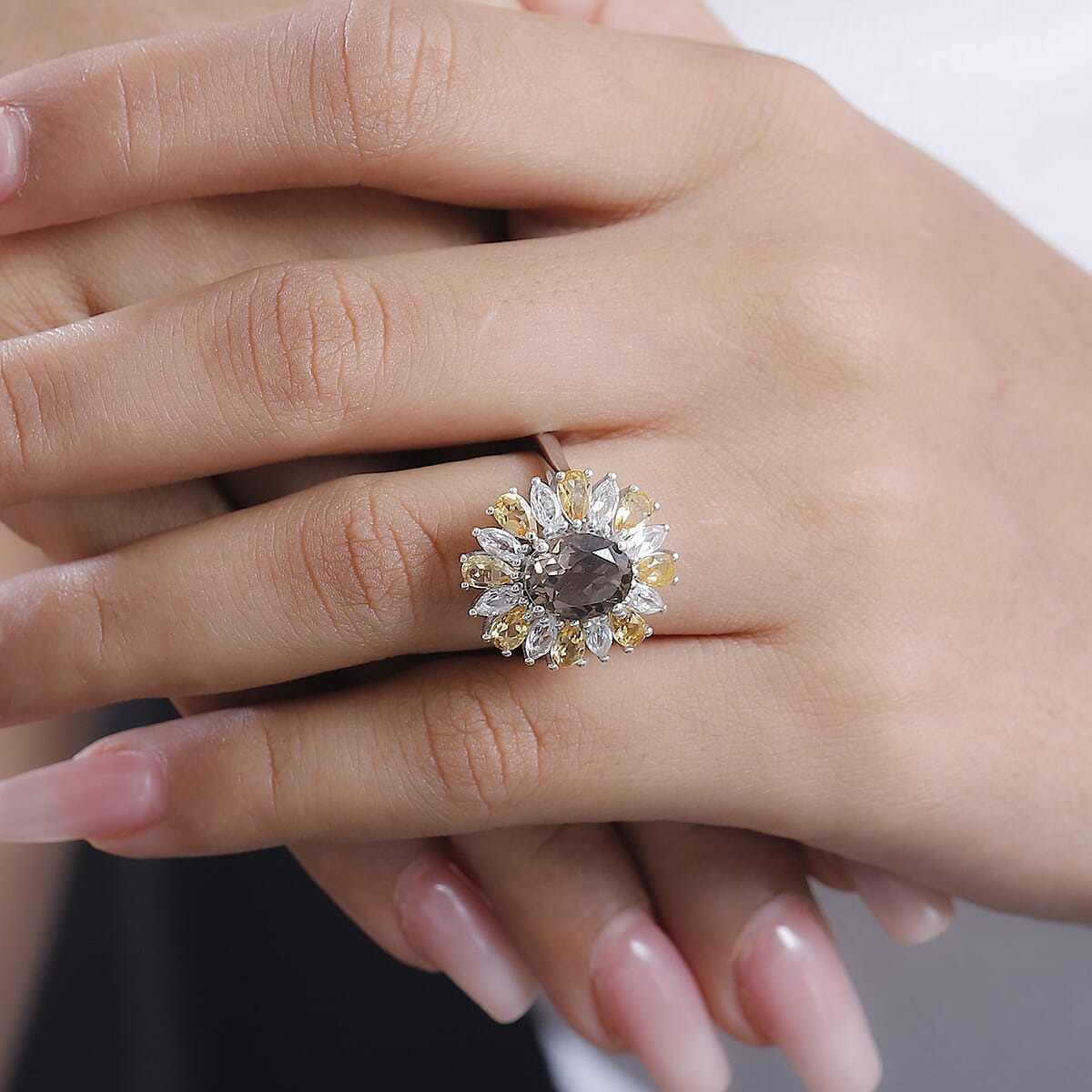 Brazilian Smoky Quartz and Multi Gemstone 5.65 ctw Sunlit Blossom Ring in Rhodium Over Sterling Silver (Size 9.0) image number 2