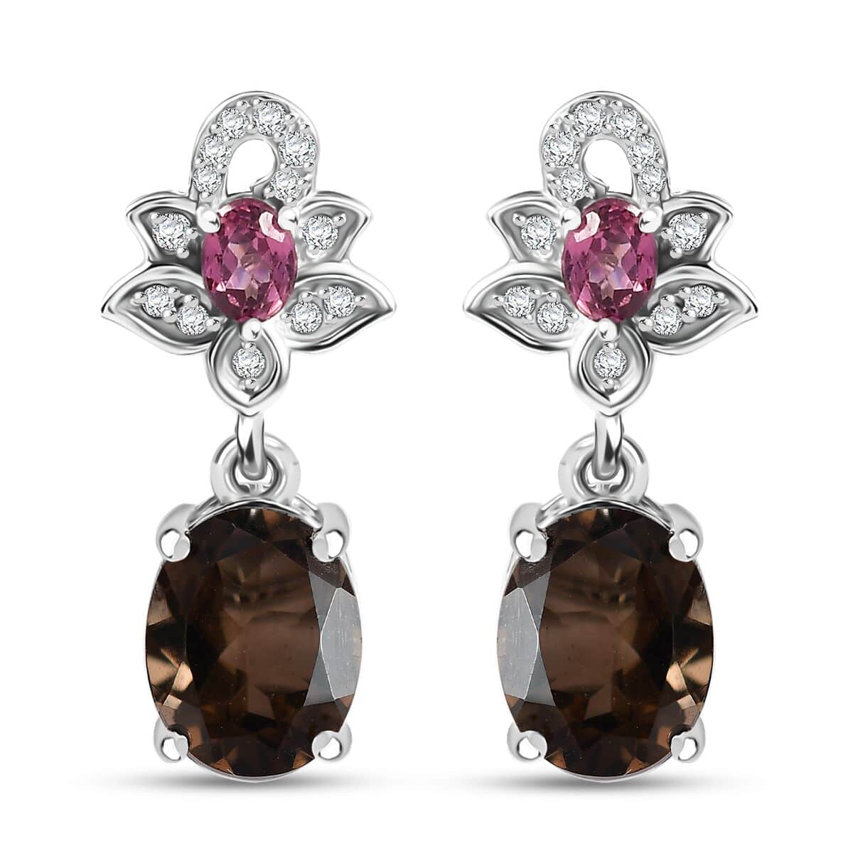 Brazilian Smoky Quartz and Multi Gemstone 4.25 ctw Lotus Earrings in Rhodium Over Sterling Silver image number 0