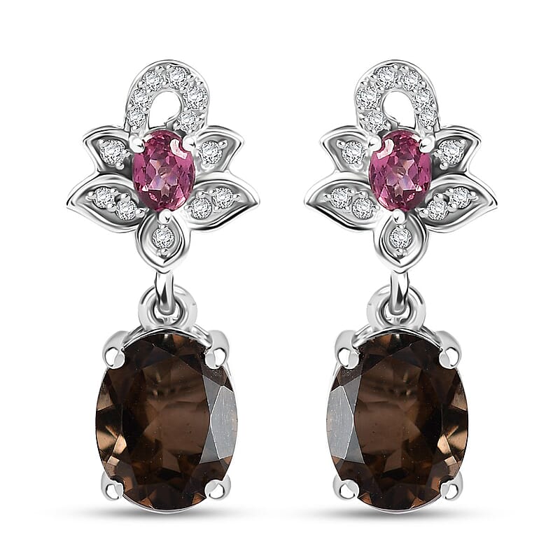 D'Joy Brazilian Smoky Quartz and Multi Gemstone 4.25 ctw Lotus Earrings in Rhodium Over Sterling Silver