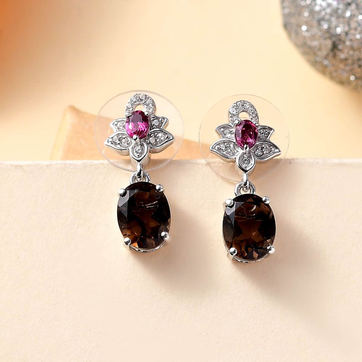 Brazilian Smoky Quartz and Multi Gemstone 4.25 ctw Lotus Earrings in Rhodium Over Sterling Silver image number 1