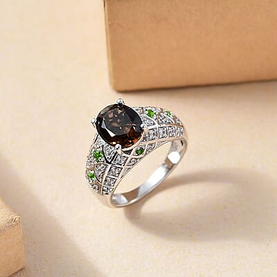 Premium Brazilian Smoky Quartz and Multi Gemstone 3.25 ctw Vintage Architecture Ring in Rhodium Over Sterling Silver (Size 10.0)