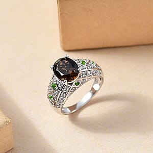 Premium Brazilian Smoky Quartz and Multi Gemstone 3.25 ctw Vintage Architecture Ring in Rhodium Over Sterling Silver (Size 6.0)