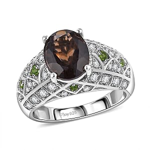 D'Joy Premium Brazilian Smoky Quartz and Multi Gemstone 3.25 ctw Vintage Architecture Ring in Rhodium Over Sterling Silver (Size 7.0)