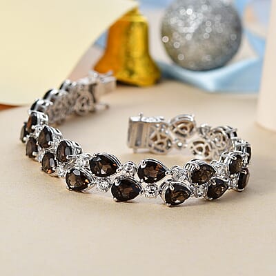 Karis Premium Brazilian Smoky Quartz and White Zircon 32.50 ctw Bracelet in Platinum Bond (7.25 In)