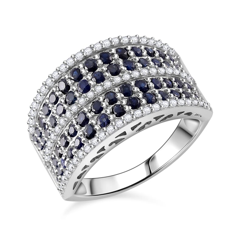 D'Joy Madagascar Blue Sapphire and White Zircon 2.65 ctw Ring in Rhodium Over Sterling Silver (Size 10.0)