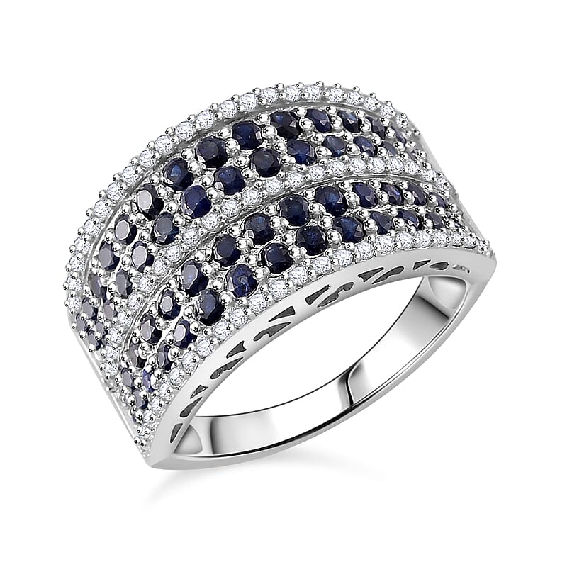D'Joy Madagascar Blue Sapphire and White Zircon 2.65 ctw Ring in Rhodium Over Sterling Silver (Size 10.0)
