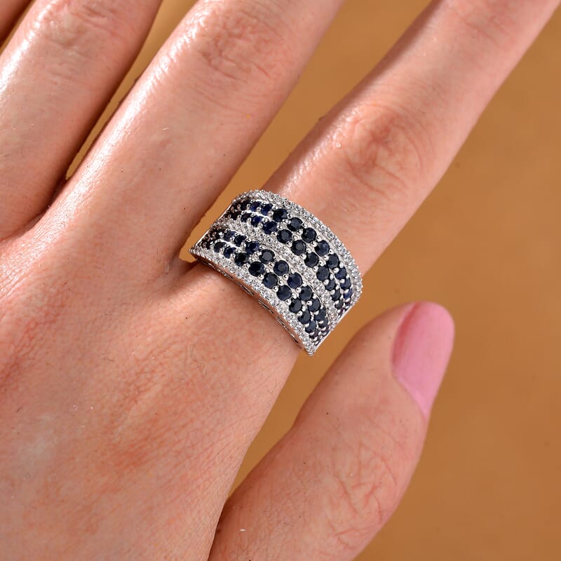 D'Joy Madagascar Blue Sapphire and White Zircon 2.65 ctw Ring in Rhodium Over Sterling Silver (Size 10.0)