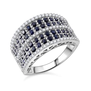 Madagascar Blue Sapphire and White Zircon 2.65 ctw Ring in Rhodium Over Sterling Silver (Size 7.0)