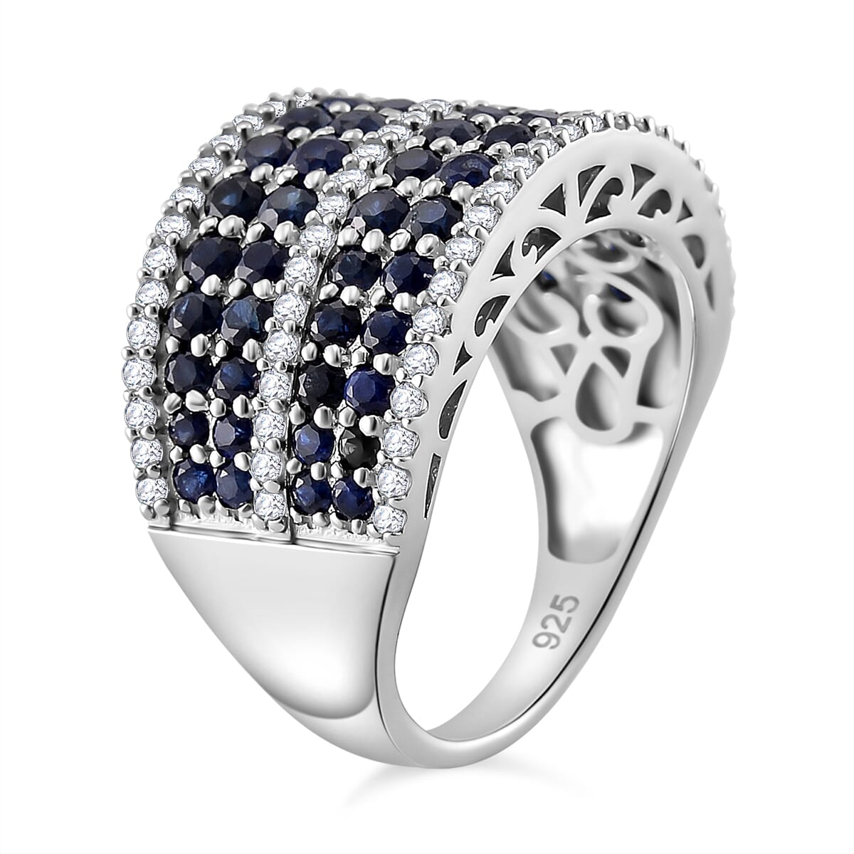 Madagascar Blue Sapphire and White Zircon 2.65 ctw Ring in Rhodium Over Sterling Silver (Size 7.0) image number 2