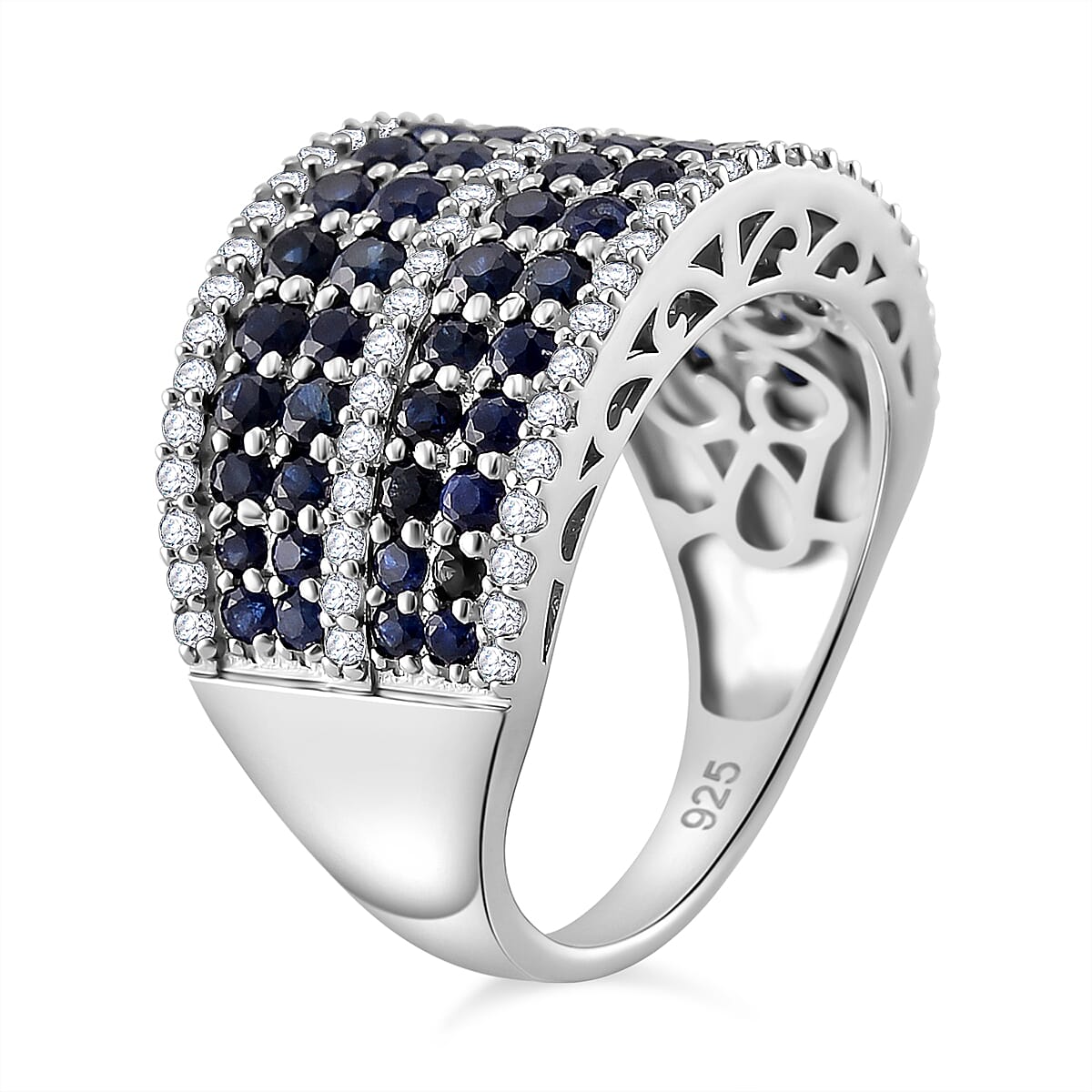 D'Joy Madagascar Blue Sapphire and White Zircon 2.65 ctw Ring in Rhodium Over Sterling Silver (Size 8.0) image number 2