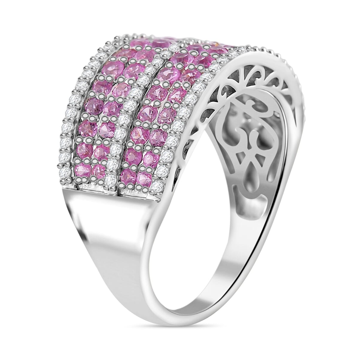 Madagascar Pink Sapphire and White Zircon 2.50 ctw Ring in Rhodium Over Sterling Silver (Size 7.0) image number 2