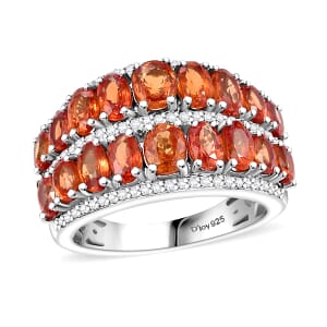 Orange Sapphire and White Zircon 6.20 ctw Ring in Rhodium Over Sterling Silver (Size 10.0)
