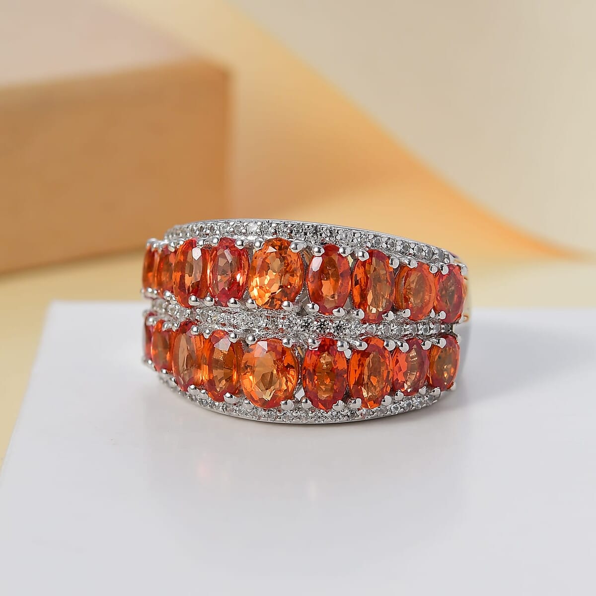 Orange Sapphire and White Zircon 6.20 ctw Ring in Rhodium Over Sterling Silver (Size 10.0) image number 1