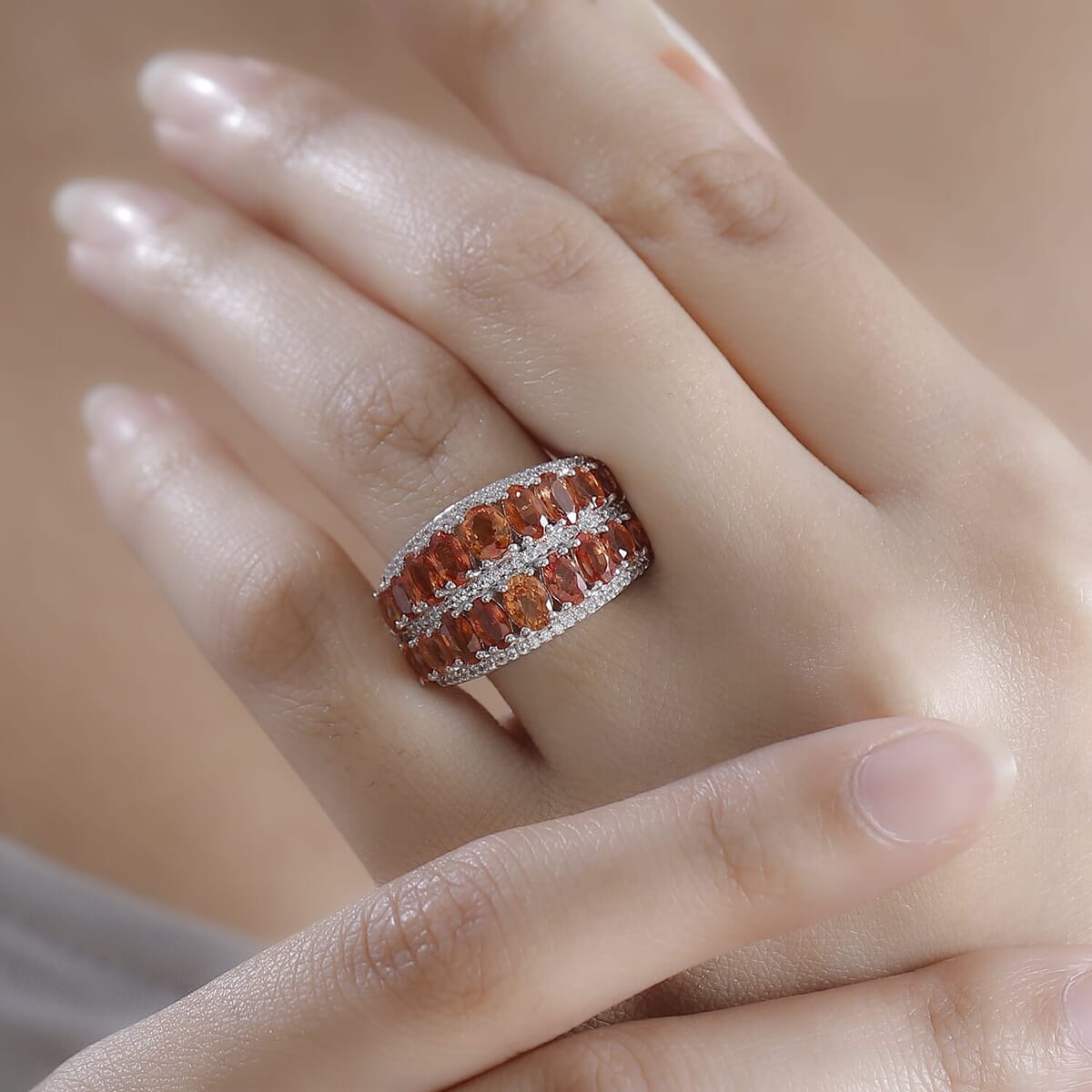 Orange Sapphire and White Zircon 6.20 ctw Ring in Rhodium Over Sterling Silver (Size 10.0) image number 2