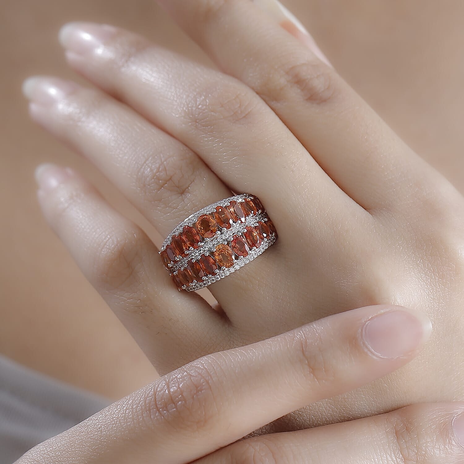 Orange Sapphire, White Zircon Flora Whirl Ring in Rhodium Over Sterling Silver (Size 5.0) 6.20 ctw