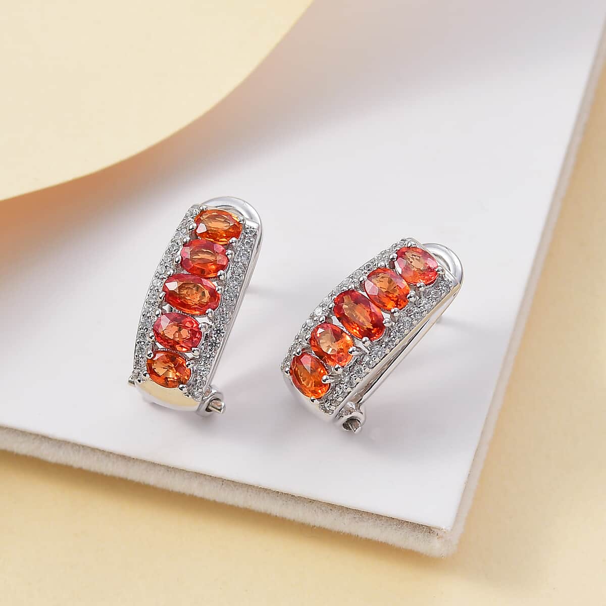 TLV Orange Sapphire, White Zircon Earrings in Rhodium Over Sterling Silver 3.15 ctw image number 1