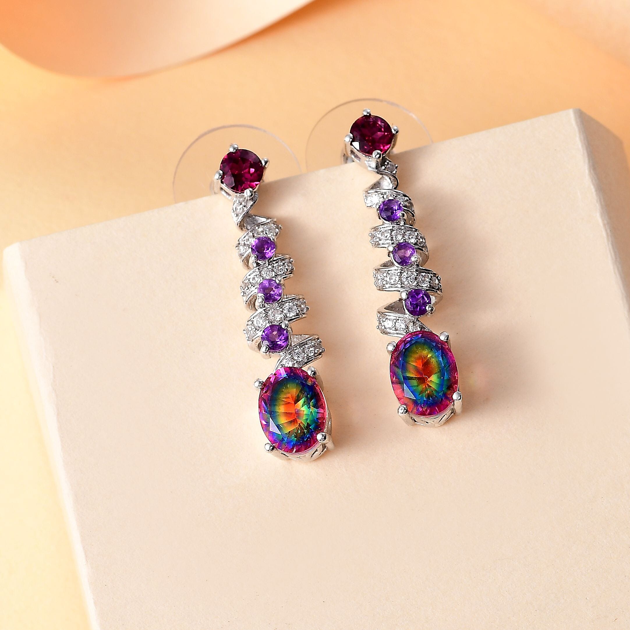 Nebula Quartz Doublet and Multi Gemstone 4.35 ctw Cosmic Dance Radiance Earrings in Rhodium Over Sterling Silver