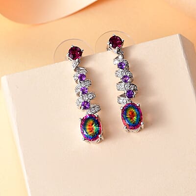 Nebula Quartz Doublet and Multi Gemstone 4.35 ctw Cosmic Dance Radiance Earrings in Rhodium Over Sterling Silver