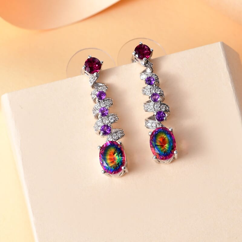 Nebula Quartz Doublet and Multi Gemstone 4.35 ctw Cosmic Dance Radiance Earrings in Rhodium Over Sterling Silver