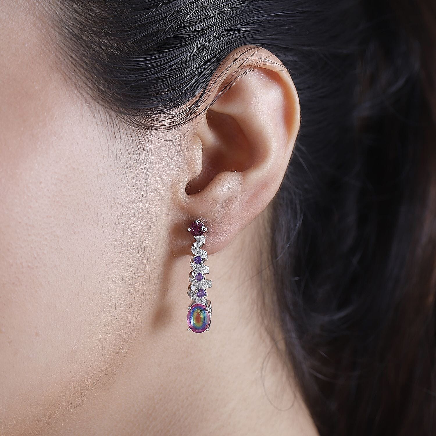 Nebula Quartz Doublet and Multi Gemstone 4.35 ctw Cosmic Dance Radiance Earrings in Rhodium Over Sterling Silver