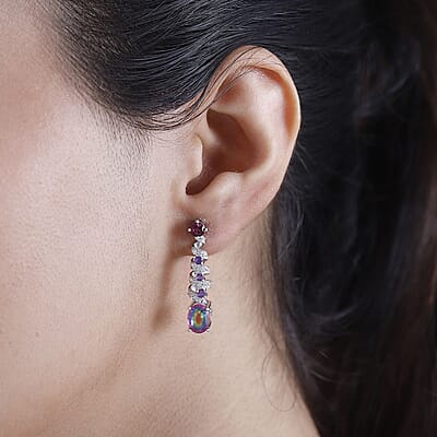 Nebula Quartz Doublet and Multi Gemstone 4.35 ctw Cosmic Dance Radiance Earrings in Rhodium Over Sterling Silver
