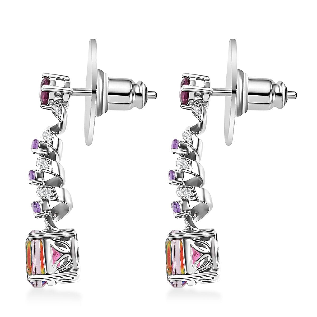 Nebula Quartz Doublet and Multi Gemstone 4.35 ctw Cosmic Dance Radiance Earrings in Rhodium Over Sterling Silver