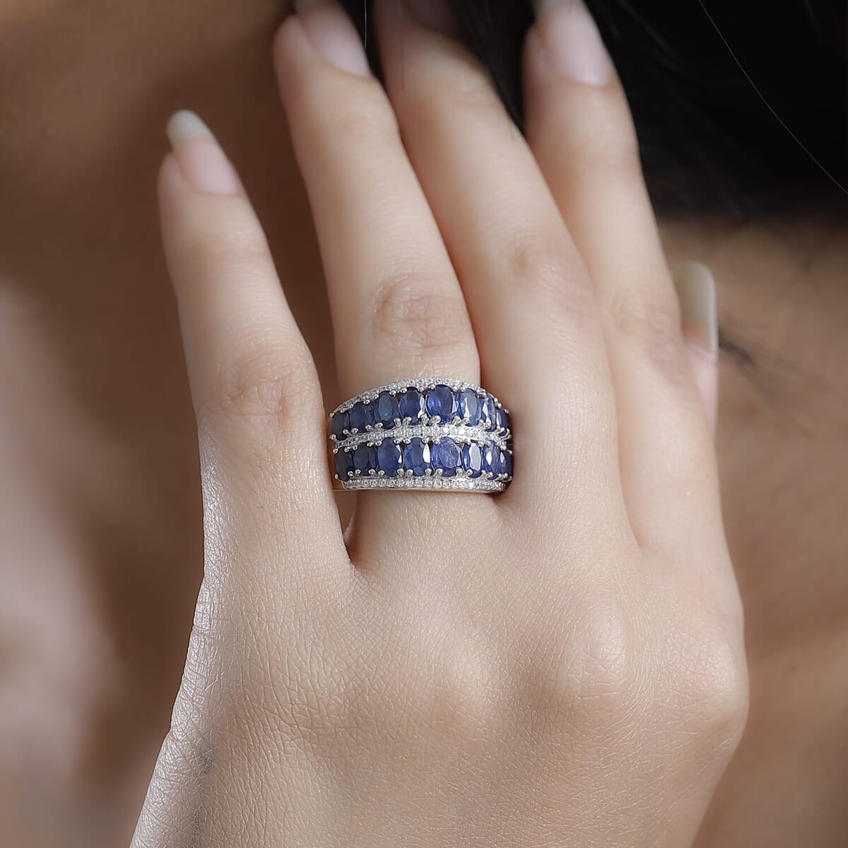 Kanchanaburi Blue Sapphire and White Zircon 5.90 ctw Ring in Rhodium Over Sterling Silver (Size 10.0) image number 2