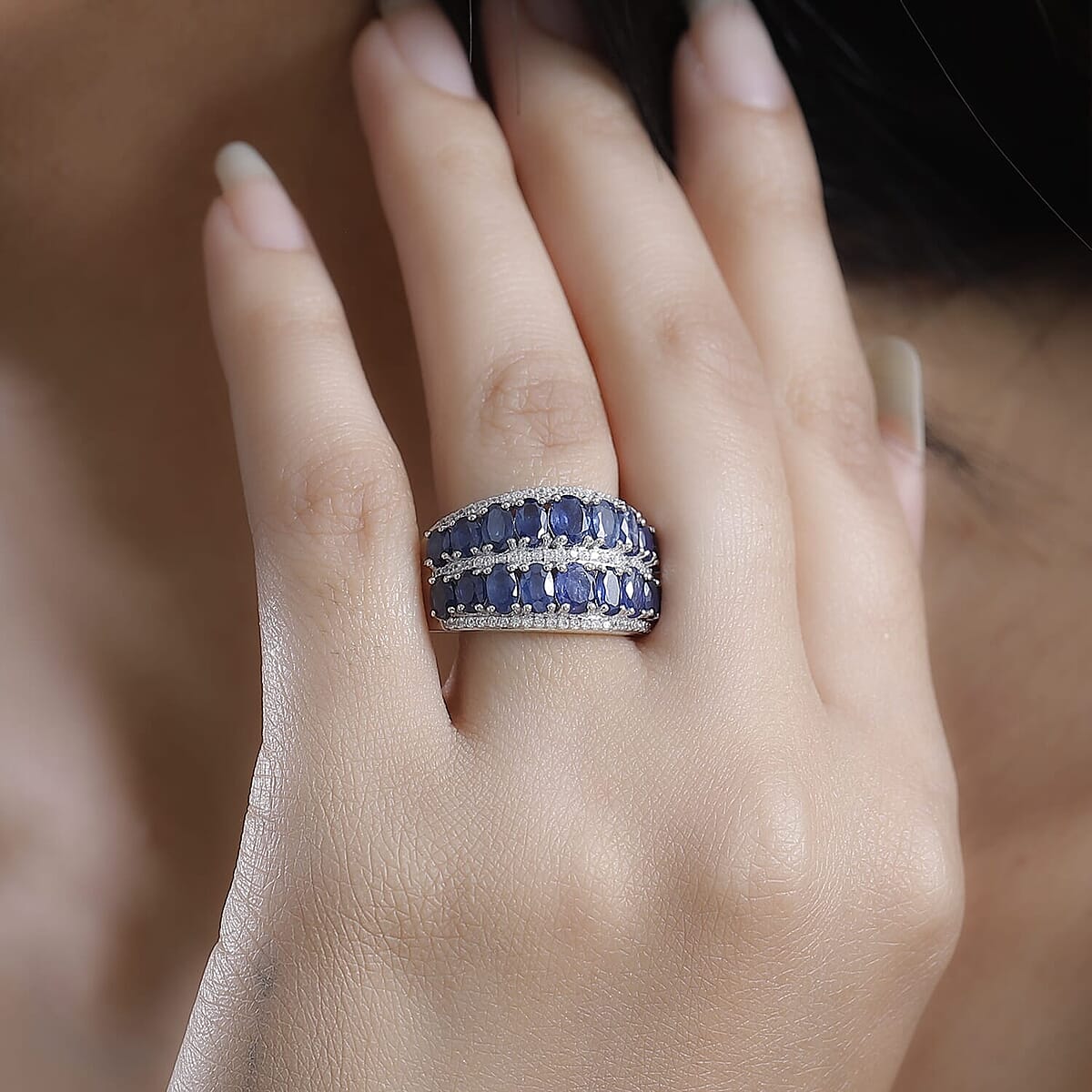 TLV Kanchanaburi Blue Sapphire, White Zircon Ring in Rhodium Over Sterling Silver (Size 5.0) 5.90 ctw image number 2